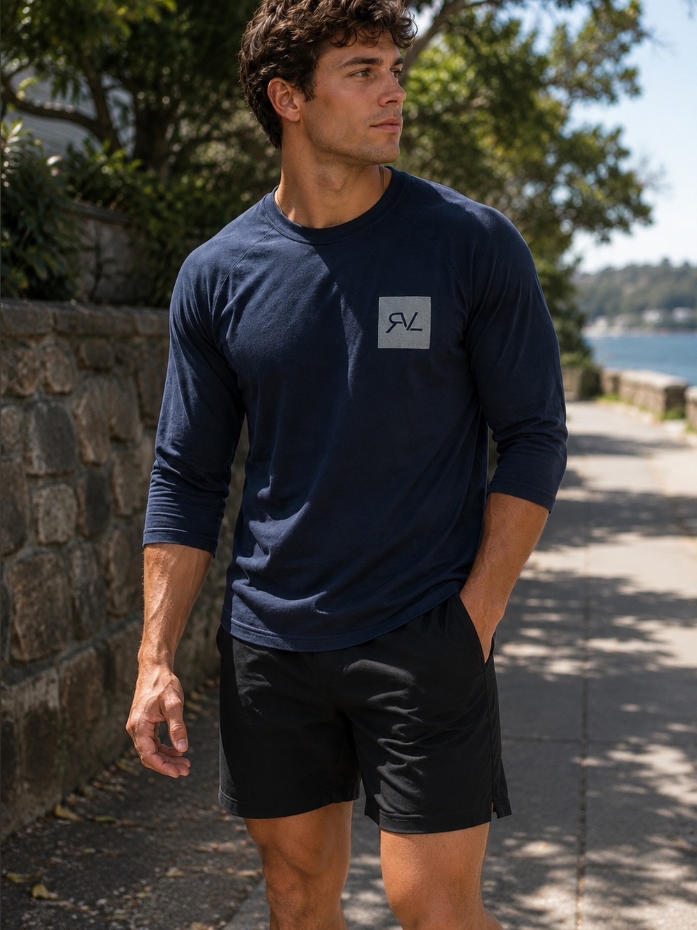 RVL Apparel Navy Blue 3/4 Sleeve Baseball Tee Large Raglan Athleisure Gym‎